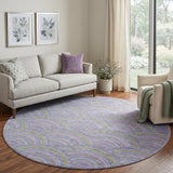 8' Lavender Olive Green And Ivory Geometric Washable Round Rug With UV Protection