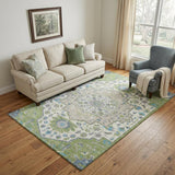 5' X 8' Artichoke Green Ivory And Blue Oriental Washable Area Rug With UV Protection
