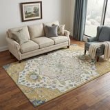 5' X 8' Gold Ivory And Blue Oriental Washable Area Rug With UV Protection