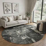 8' Black And Ivory Abstract Washable Round Rug With UV Protection