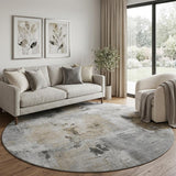 8' Gray Brown And Ivory Abstract Washable Round Rug With UV Protection