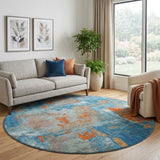 8' Navy Blue Orange And Teal Abstract Washable Round Rug With UV Protection