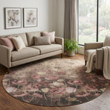 8' Taupe Pink And Beige Floral Washable Round Rug With UV Protection