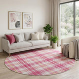 8' Blush Ivory And Orange Plaid Washable Round Rug With UV Protection