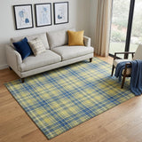 5' X 8' Yellow Ivory And Blue Plaid Washable Area Rug With UV Protection