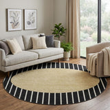 8' Black Ivory And Gold Striped Washable Round Rug With UV Protection