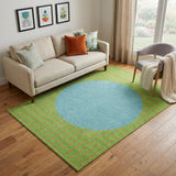 5' X 8' Lime Green Orange And Teal Striped Washable Area Rug With UV Protection