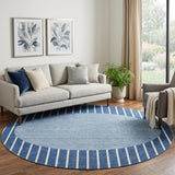 8' Navy Blue And Ivory Striped Washable Round Rug With UV Protection