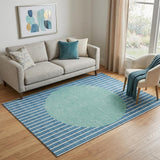5' X 8' Teal Ivory And Aqua Striped Washable Area Rug With UV Protection