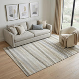 5' X 8' Ivory Beige And Taupe Striped Washable Area Rug With UV Protection
