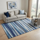 5' X 8' Navy Blue Ivory And Gray Striped Washable Area Rug With UV Protection