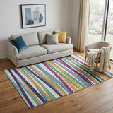 5' X 8' White Purple And Yellow Striped Washable Area Rug With UV Protection