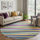 8' White Purple And Yellow Striped Washable Round Rug With UV Protection
