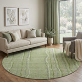 8' Green Ivory And Gray Striped Washable Round Rug With UV Protection