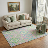 5' X 8' Pink Teal And Lime Green Oriental Washable Area Rug With UV Protection