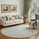 8' Pink Teal And Lime Green Oriental Washable Round Rug With UV Protection