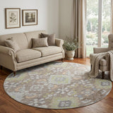 8' Taupe Peach And Artichoke Green Oriental Washable Round Rug With UV Protection