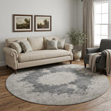 8' Black Beige And Gray Oriental Washable Round Rug With UV Protection