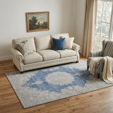 5' X 8' Navy Blue Gray And Ivory Oriental Washable Area Rug With UV Protection