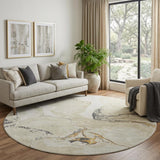 8' Ivory Beige And Gray Abstract Washable Round Rug With UV Protection
