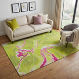 5' X 8' Lime Green Pink And Ivory Abstract Washable Area Rug With UV Protection