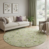 8' Artichoke Green Taupe And Ivory Floral Washable Round Rug With UV Protection