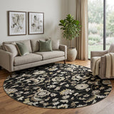 8' Black Ivory And Beige Floral Washable Round Rug With UV Protection