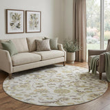 8' Ivory Copper And Gray Floral Washable Round Rug With UV Protection