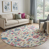 8' Linen Pink And Blue Floral Washable Round Rug With UV Protection