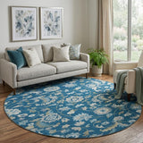 8' Navy Blue Ivory And Beige Floral Washable Round Rug With UV Protection