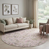 8' Pink Ivory And Gray Floral Washable Round Rug With UV Protection