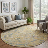 8' Wheat Blue And Beige Floral Washable Round Rug With UV Protection