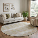 8' Beige Taupe And Ivory Geometric Washable Round Rug With UV Protection
