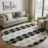 8' Black Gray And Ivory Geometric Washable Round Rug With UV Protection