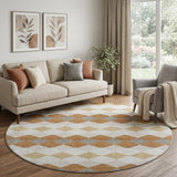 8' Copper Beige And Ivory Geometric Washable Round Rug With UV Protection