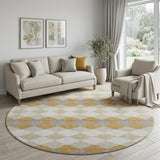 8' Gold Gray And Ivory Geometric Washable Round Rug With UV Protection