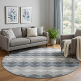 8' Gray Ivory And Silver Geometric Washable Round Rug With UV Protection