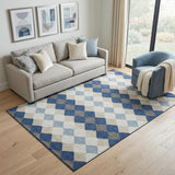 5' X 8' Navy Blue Ivory And Gray Geometric Washable Area Rug With UV Protection
