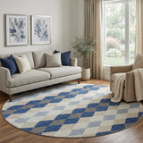 8' Navy Blue Ivory And Gray Geometric Washable Round Rug With UV Protection