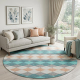 8' Teal Coral And Ivory Geometric Washable Round Rug With UV Protection