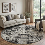 8' Black Ivory And Gray Abstract Washable Round Rug With UV Protection