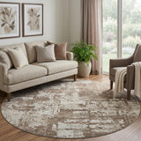8' Brown And Beige Abstract Washable Round Rug With UV Protection