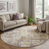 8' Lavender Gold And Ivory Abstract Washable Round Rug With UV Protection