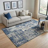 5' X 8' Navy Blue Gray And Ivory Abstract Washable Area Rug With UV Protection