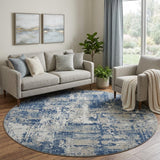8' Navy Blue Gray And Ivory Abstract Washable Round Rug With UV Protection