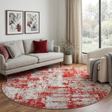 8' Red Gray And Ivory Abstract Washable Round Rug With UV Protection