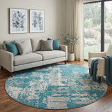 8' Teal Gray And Ivory Abstract Washable Round Rug With UV Protection