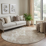 8' Taupe Beige And Ivory Abstract Washable Round Rug With UV Protection
