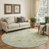 8' Artichoke Green Gray And Ivory Oriental Washable Round Rug With UV Protection