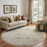 8' Beige Ivory And Taupe Oriental Washable Round Rug With UV Protection